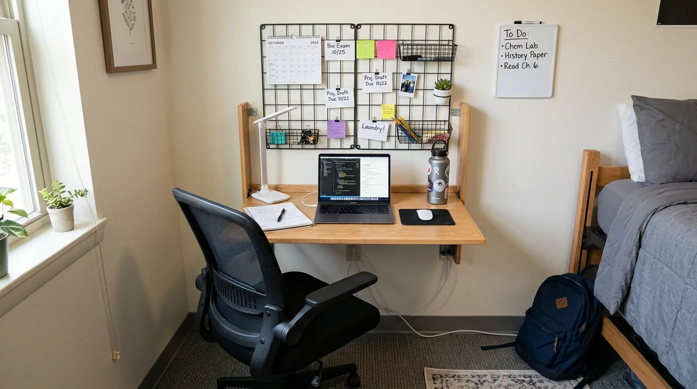 Use a bedside cart for flexible everyday storage inspiration for a dorm room.